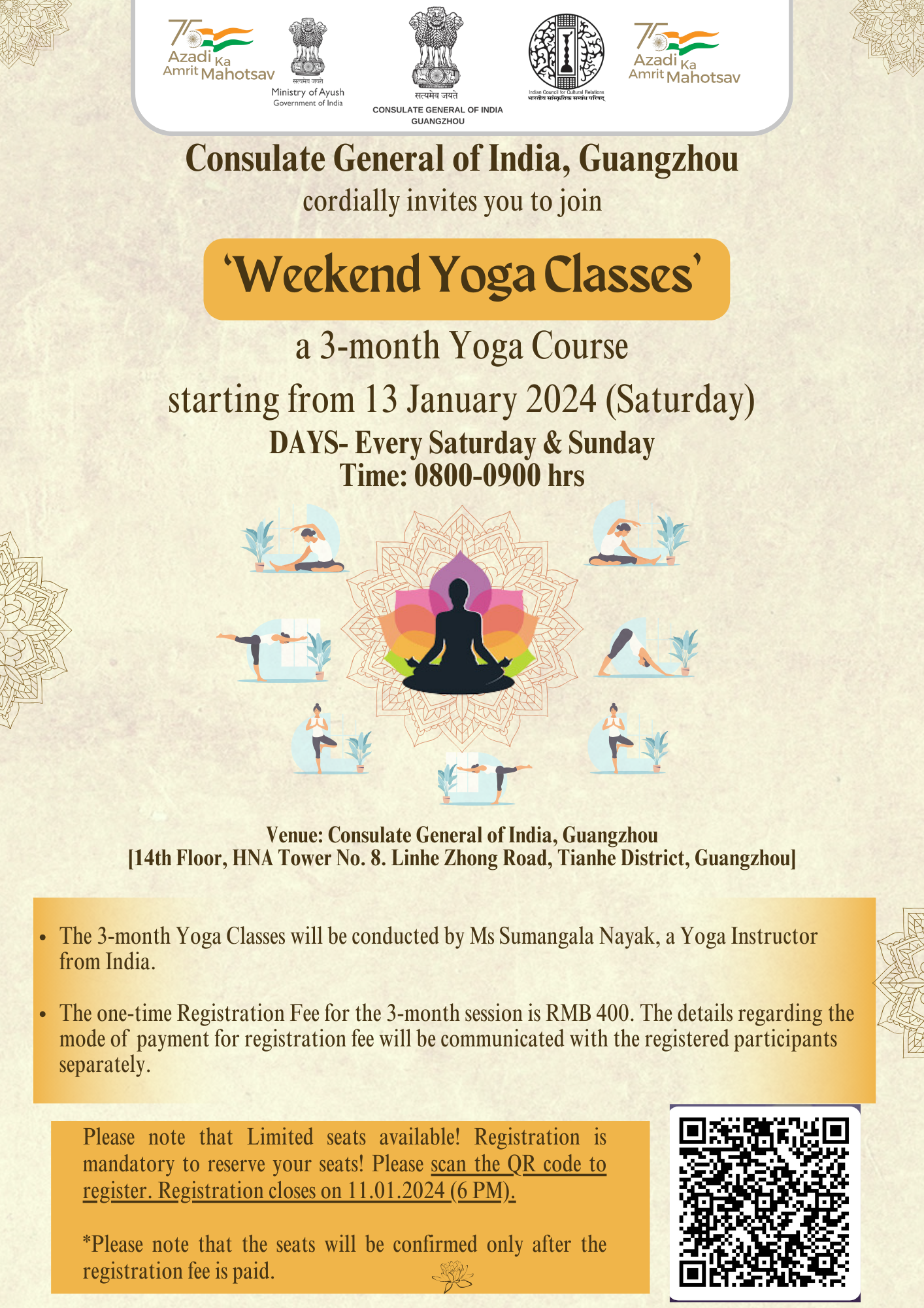 Invitation for ‘Weekend Yoga Classes’ starting from 13 January 2024 (Saturday)
